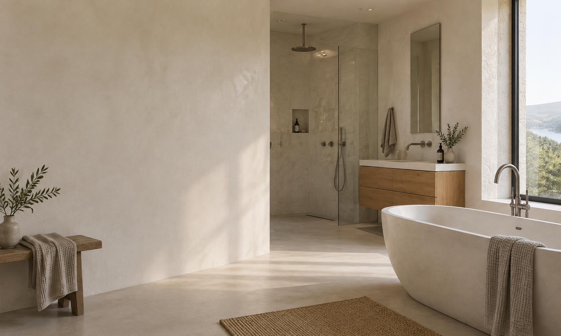 Modern bathroom renovation idea for a Dublin home: walk-in shower, oak vanity and freestanding bath